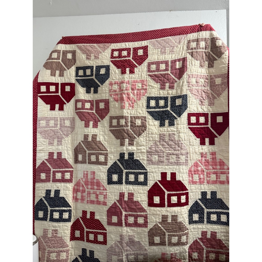 Handmade House Patchwork Quilt Red Blue Pink Schoolhouse Folk Art Blanket 60x50